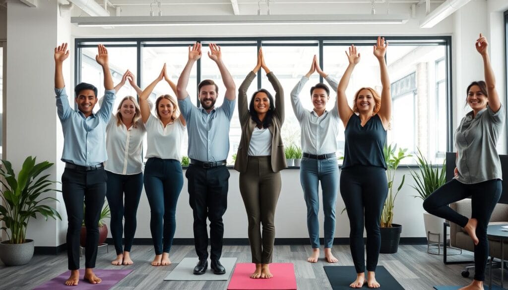 Grupo de colegas praticando yoga juntos no escritório Grupo de colegas praticando yoga juntos no escritório
