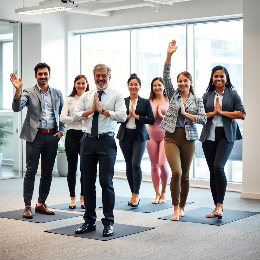 Grupo praticando yoga no escritório demonstrando bem-estar Grupo praticando yoga no escritório demonstrando bem-estar