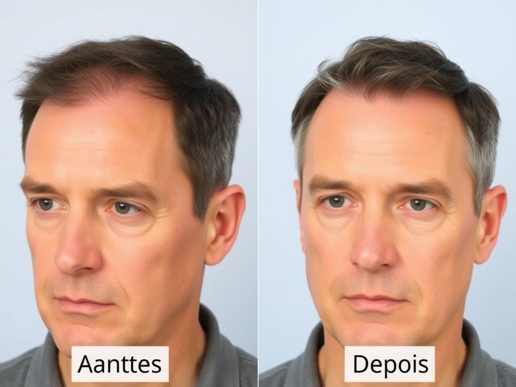 Homem mostrando resultados antes e depois do uso do Folifix com crescimento visível de cabelo Homem mostrando resultados antes e depois do uso do Folifix com crescimento visível de cabelo