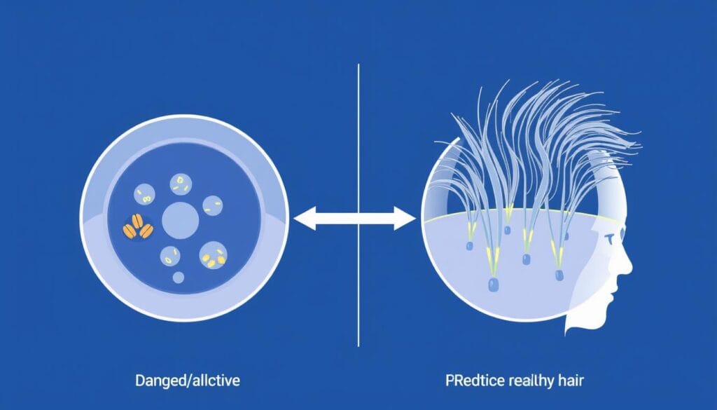 Ilustração científica mostrando como o Folifix atua nos folículos capilares Ilustração científica mostrando como o Folifix atua nos folículos capilares