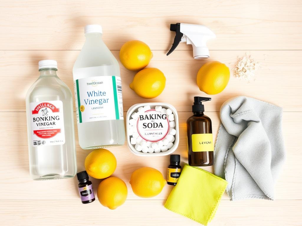 Ingredientes naturais para limpeza sustentável incluindo vinagre, bicarbonato de sódio, limão e óleos essenciais para uma rotina de limpeza sustentável Ingredientes naturais para limpeza sustentável incluindo vinagre, bicarbonato de sódio, limão e óleos essenciais para uma rotina de limpeza sustentável