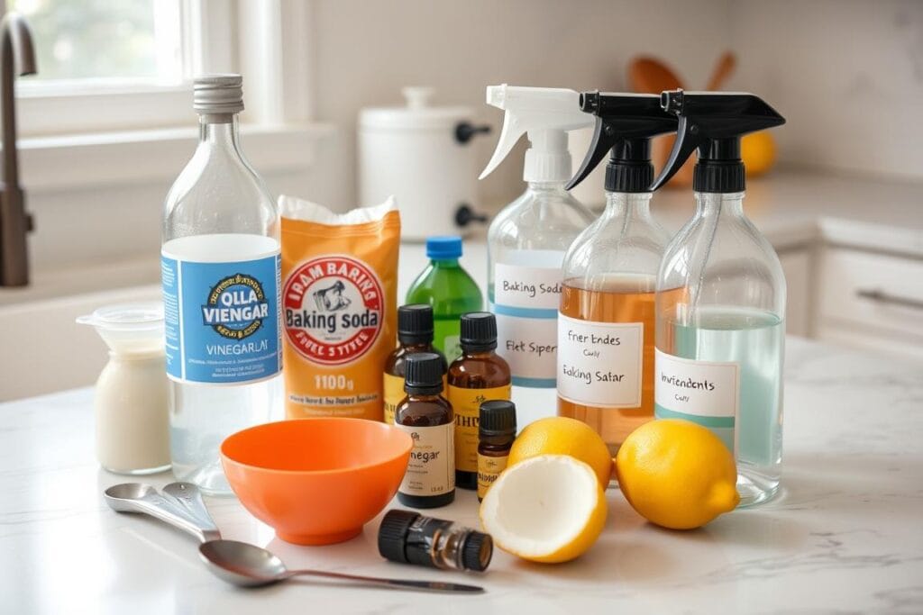 Ingredientes para fazer produtos de limpeza caseiros como parte de uma rotina de limpeza sustentável Ingredientes para fazer produtos de limpeza caseiros como parte de uma rotina de limpeza sustentável