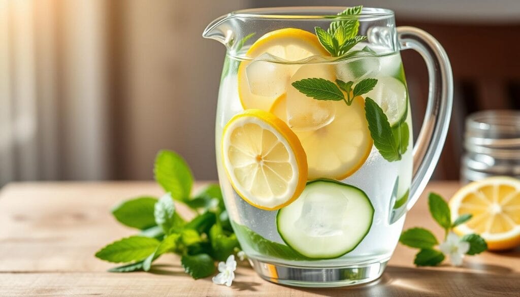 Jarra de água saborizada natural com rodelas de limão, pepino e folhas de hortelã