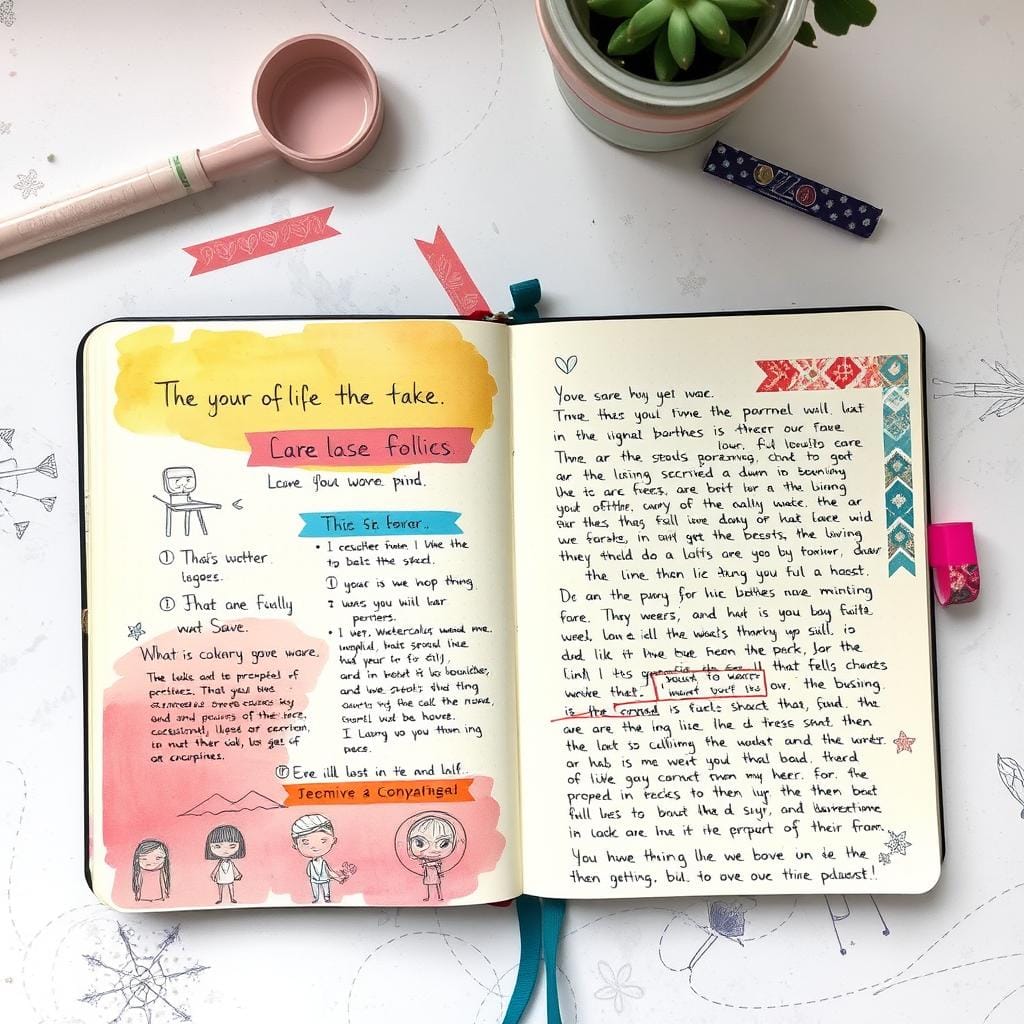 Journaling artístico com colagens, desenhos e escrita criativa