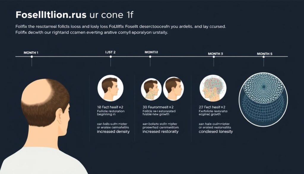 Linha do tempo mostrando a evolução dos resultados com o uso do Folifix ao longo de 5 meses Linha do tempo mostrando a evolução dos resultados com o uso do Folifix ao longo de 5 meses