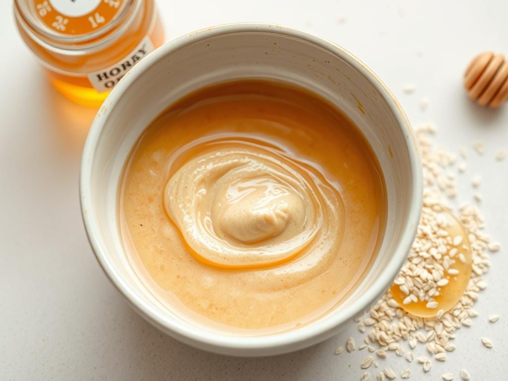Máscara facial caseira de mel e aveia em uma tigela com ingredientes ao lado Máscara facial caseira de mel e aveia em uma tigela com ingredientes ao lado