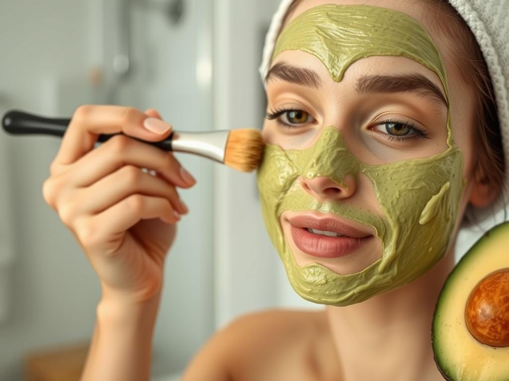Máscara facial de abacate sendo aplicada no rosto Máscara facial de abacate sendo aplicada no rosto