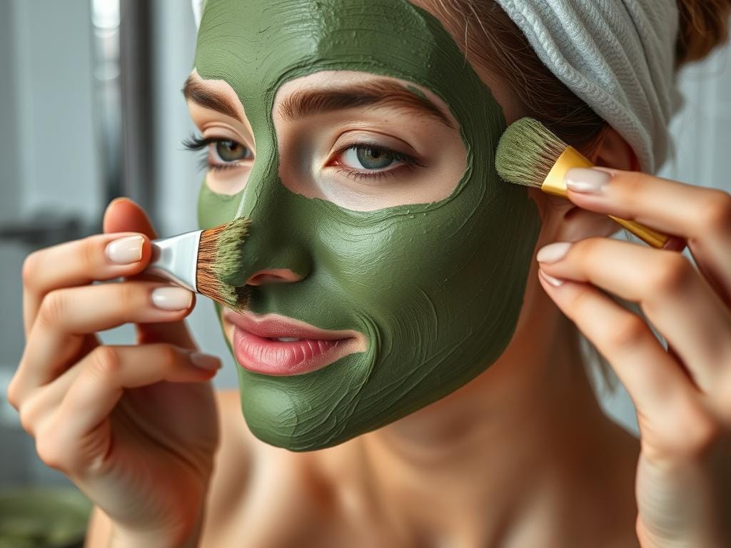 Máscara facial de argila verde sendo aplicada com pincel Máscara facial de argila verde sendo aplicada com pincel