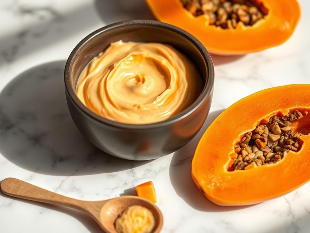 Máscara facial de mamão papaia em uma tigela com o fruto cortado ao lado Máscara facial de mamão papaia em uma tigela com o fruto cortado ao lado