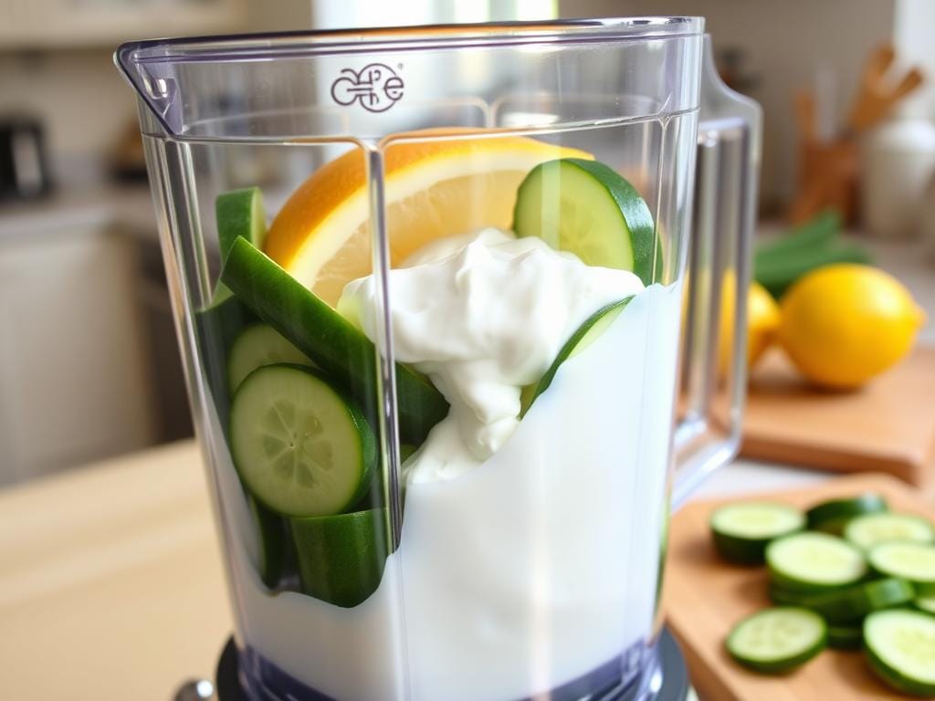 Máscara facial de pepino sendo preparada em um liquidificador Máscara facial de pepino sendo preparada em um liquidificador