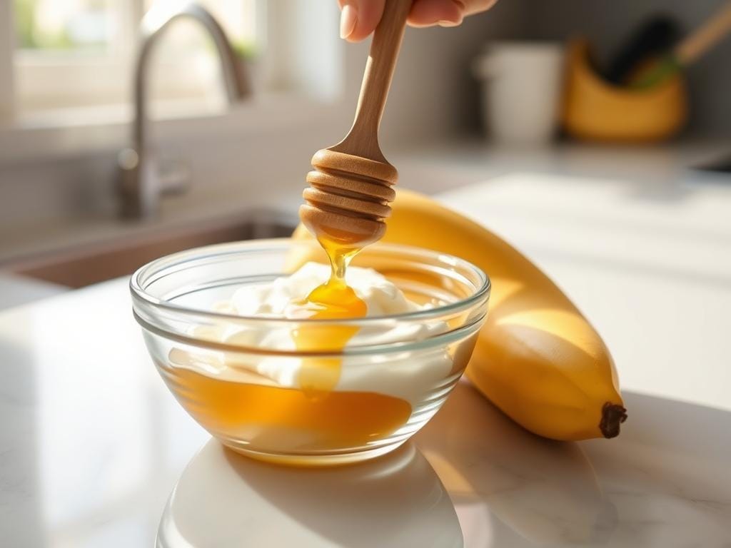 Máscara facial express sendo preparada com apenas três ingredientes Máscara facial express sendo preparada com apenas três ingredientes