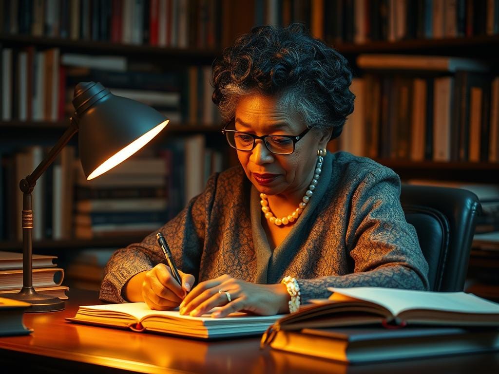 Maya Angelou escrevendo em sua mesa, exemplo de escritora premiada que sofria com a Síndrome do Impostor