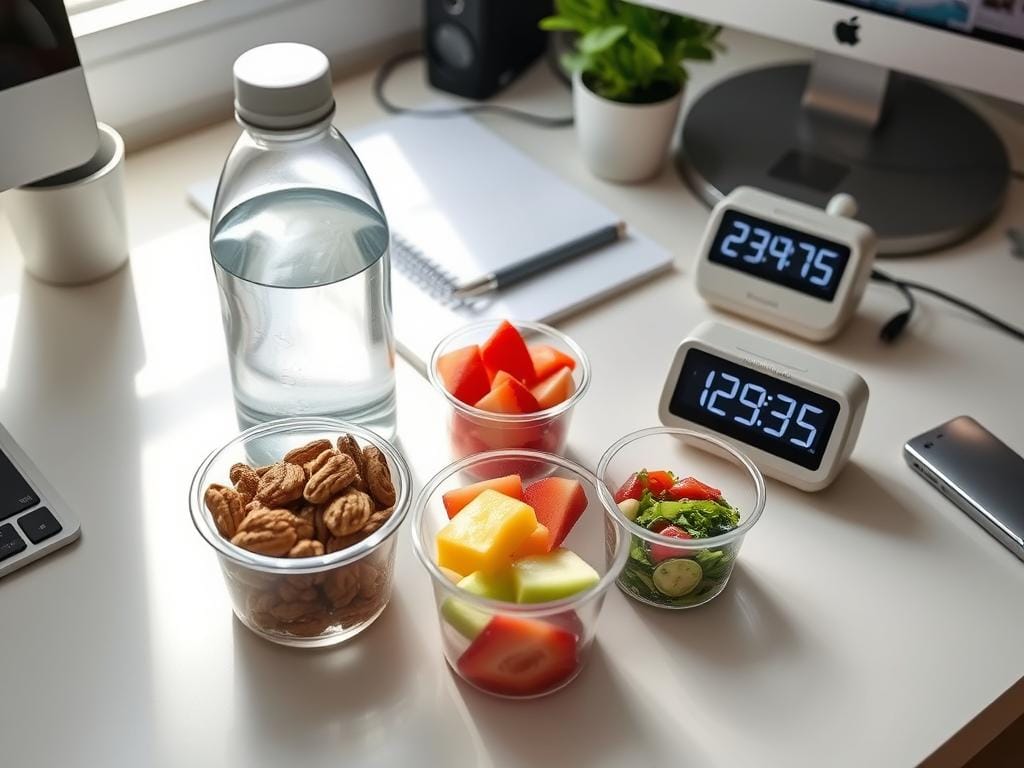 Mesa de trabalho com garrafa de água, frutas e nozes ao lado de um temporizador da Técnica Pomodoro Adaptada para o Bem-estar Mesa de trabalho com garrafa de água, frutas e nozes ao lado de um temporizador da Técnica Pomodoro Adaptada para o Bem-estar