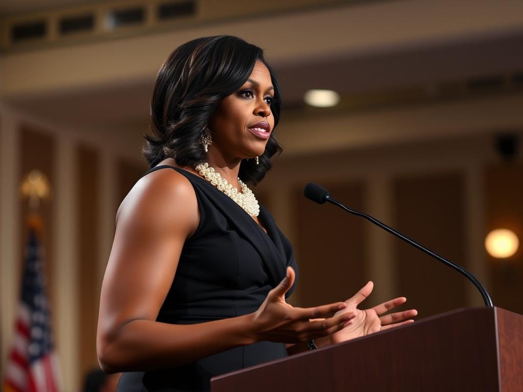 Michelle Obama falando em um evento, exemplo de pessoa bem-sucedida que relatou sentir Síndrome do Impostor