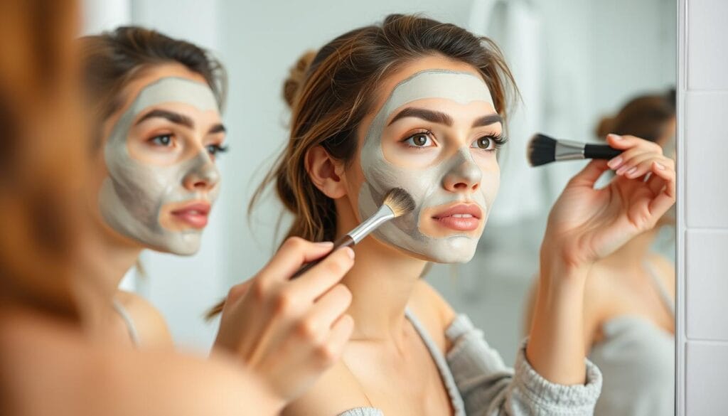 Mulher aplicando máscara facial caseira com pincel facial Mulher aplicando máscara facial caseira com pincel facial
