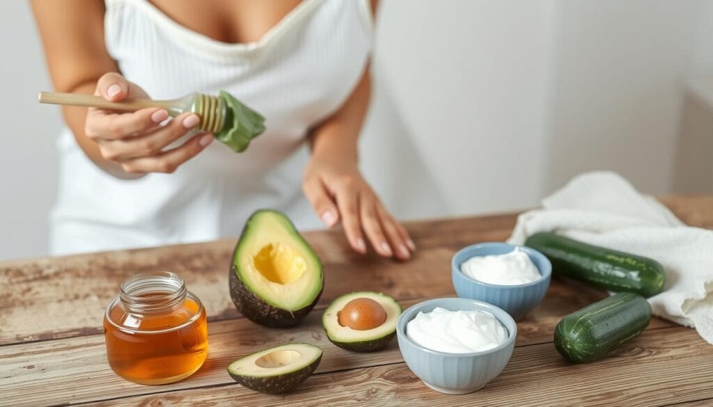 Mulher aplicando máscara facial caseira no rosto com ingredientes naturais ao redor