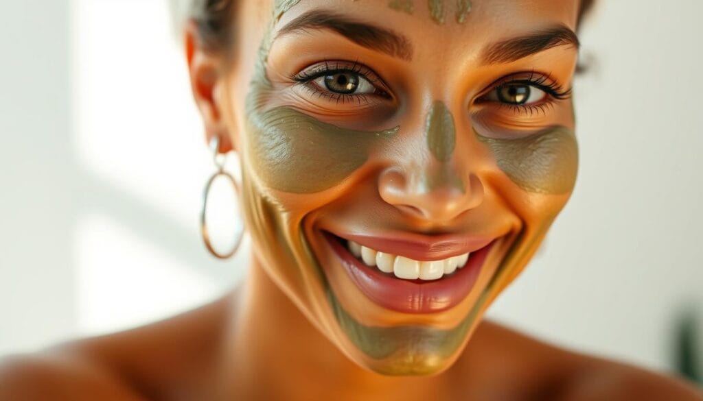 Mulher com pele radiante após tratamento com máscara facial caseira Mulher com pele radiante após tratamento com máscara facial caseira