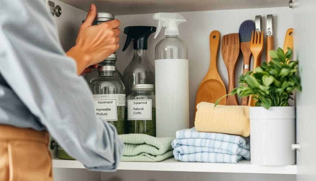 Pessoa aplicando princípios de limpeza sustentável em casa como parte de uma rotina de limpeza sustentável Pessoa aplicando princípios de limpeza sustentável em casa como parte de uma rotina de limpeza sustentável