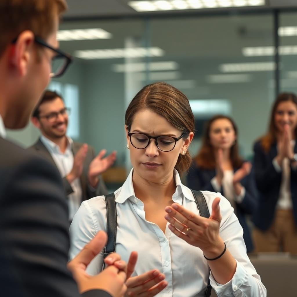 Pessoa com expressão desconfortável recebendo elogios de colegas, ilustrando a dificuldade em aceitar reconhecimento