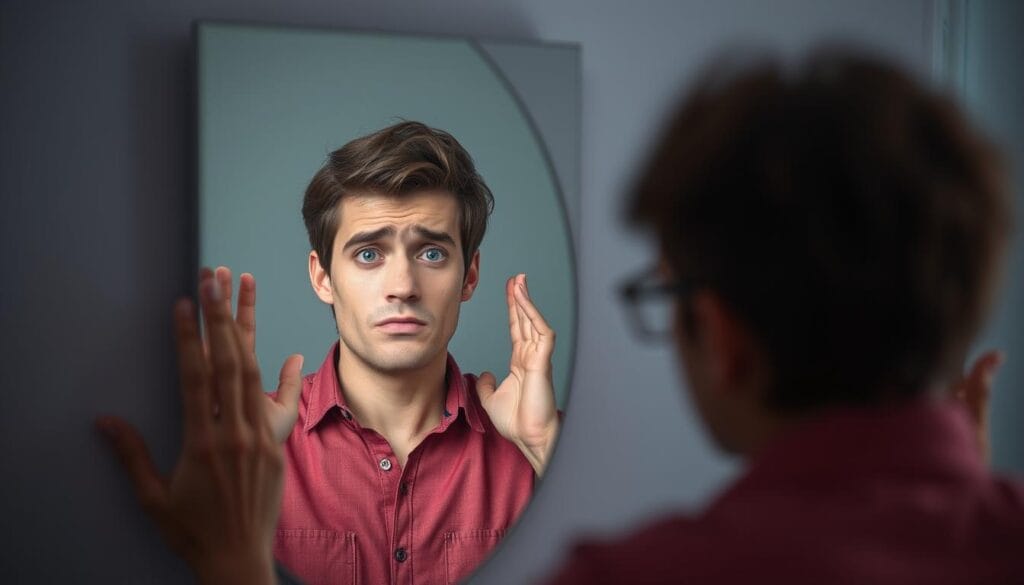Pessoa com expressão preocupada olhando para um espelho que reflete uma imagem confiante, ilustrando a Síndrome do Impostor