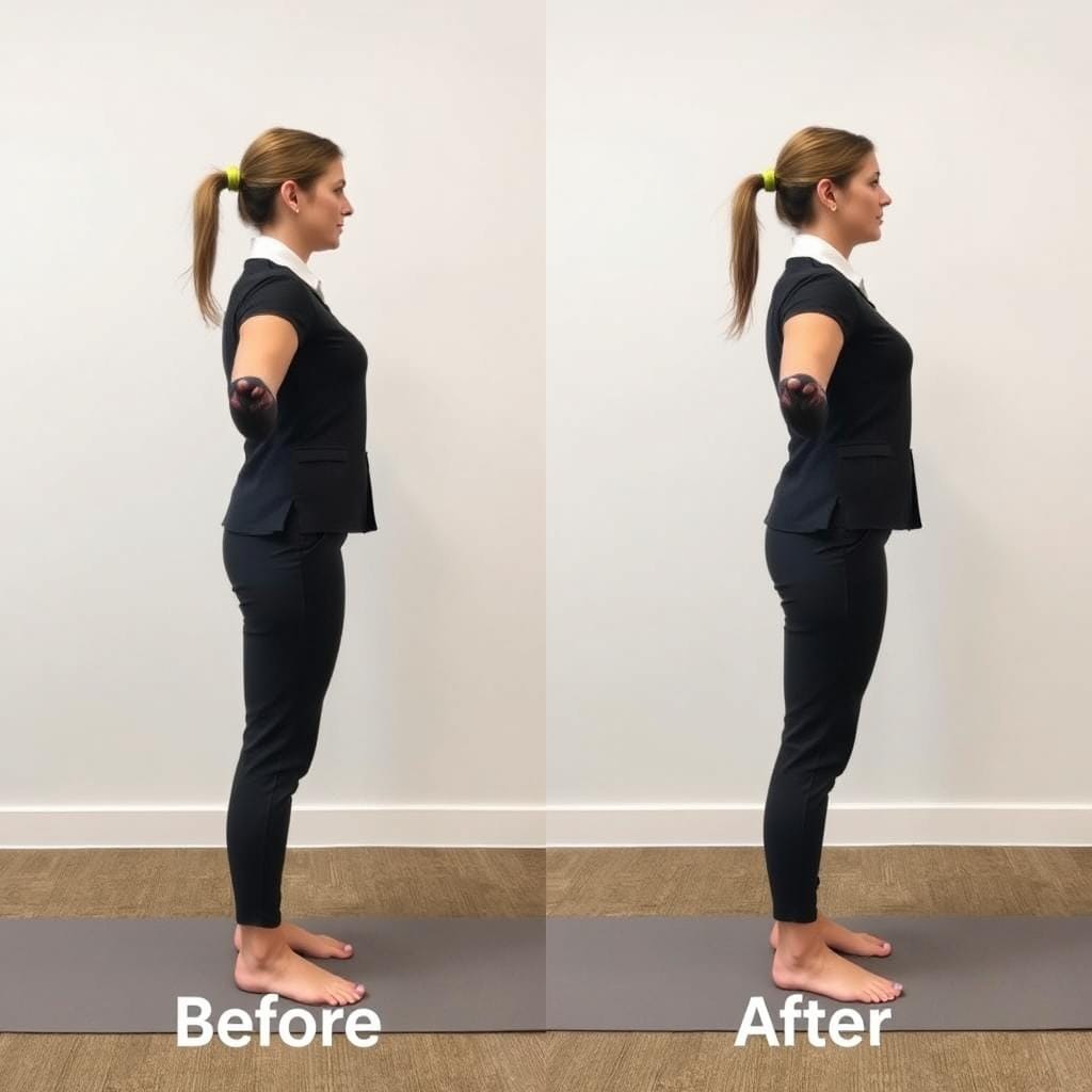 Pessoa com postura melhorada após yoga no escritório Pessoa com postura melhorada após yoga no escritório