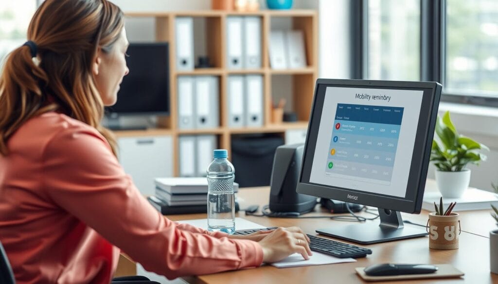 Pessoa consultando um lembrete de exercícios de mobilidade no local de trabalho Pessoa consultando um lembrete de exercícios de mobilidade no local de trabalho