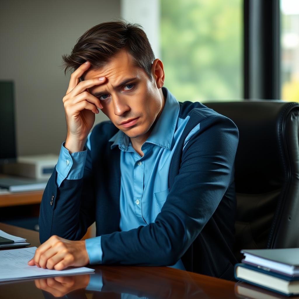 Pessoa contemplativa com expressão de dúvida, representando a autodúvida da Síndrome do Impostor