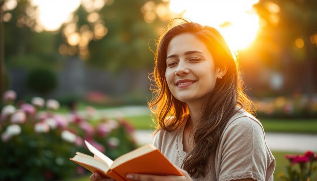 Pessoa demonstrando bem-estar após aplicar técnicas de redução de ansiedade e estresse Pessoa demonstrando bem-estar após aplicar técnicas de redução de ansiedade e estresse