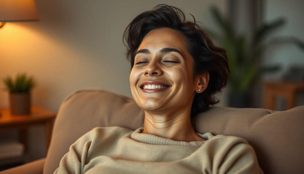 Pessoa demonstrando expressão de alívio após automassagem para relaxar