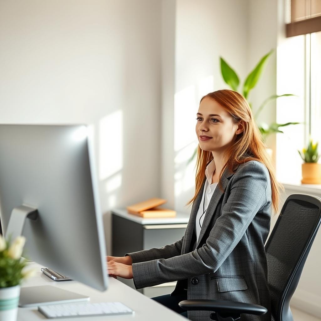 Pessoa demonstrando foco melhorado após yoga no escritório Pessoa demonstrando foco melhorado após yoga no escritório