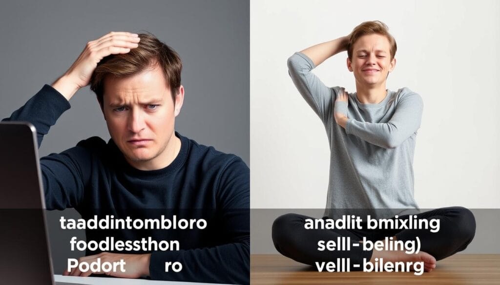 Pessoa demonstrando sinais de estresse ao usar a Técnica Pomodoro tradicional versus pessoa relaxada usando a Técnica Pomodoro Adaptada para o Bem-estar Pessoa demonstrando sinais de estresse ao usar a Técnica Pomodoro tradicional versus pessoa relaxada usando a Técnica Pomodoro Adaptada para o Bem-estar
