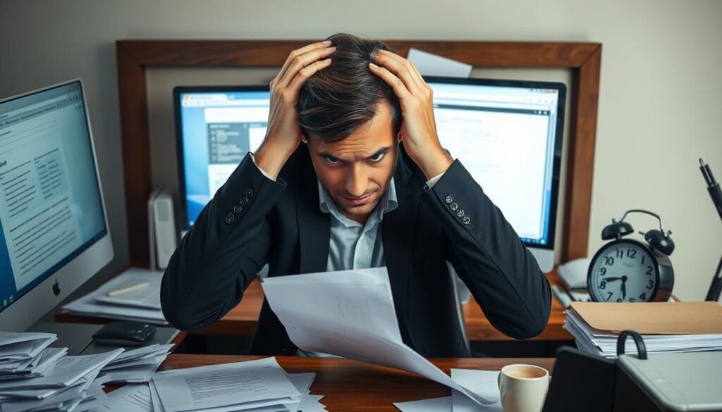 Pessoa demonstrando sinais visíveis de estresse e ansiedade no ambiente de trabalho Pessoa demonstrando sinais visíveis de estresse e ansiedade no ambiente de trabalho