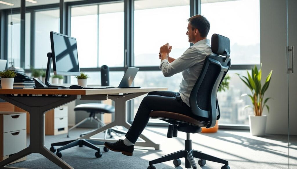 Pessoa em escritório realizando exercícios de mobilidade para quem trabalha sentado