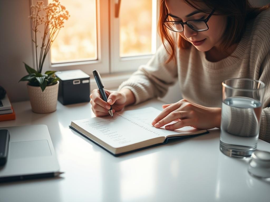 Pessoa escrevendo em um diário como parte do ritual matinal de planejamento Pessoa escrevendo em um diário como parte do ritual matinal de planejamento
