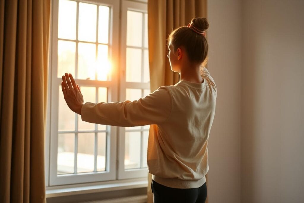 Pessoa fazendo alongamentos simples como parte do ritual matinal Pessoa fazendo alongamentos simples como parte do ritual matinal