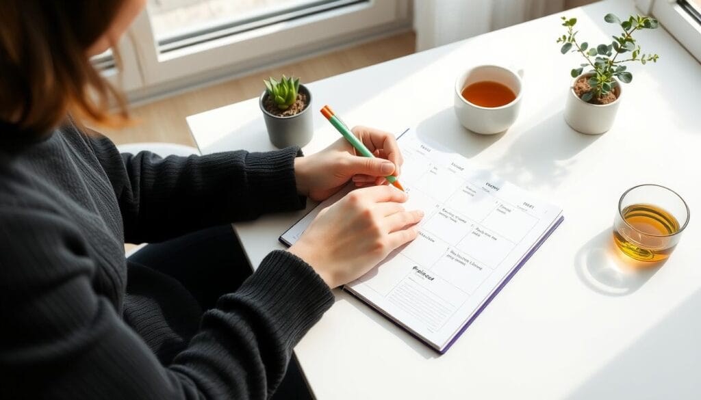 Pessoa organizando seu Planejamento Semanal Consciente com canetas coloridas e um planner