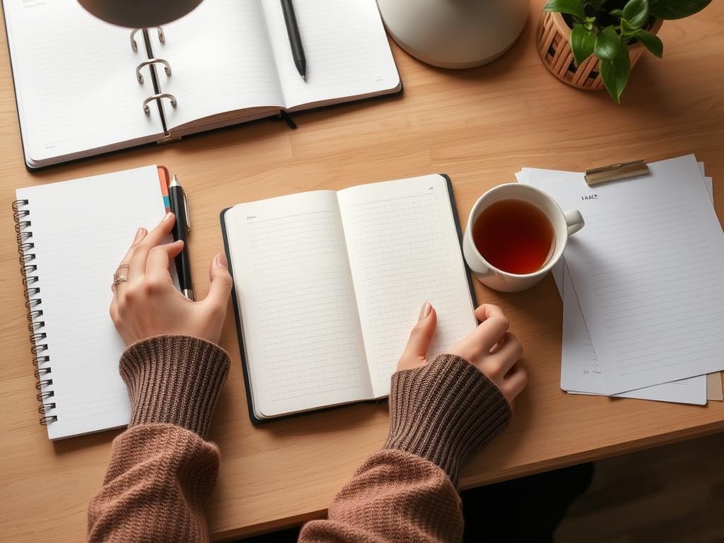 Pessoa organizando sua rotina matinal com journaling