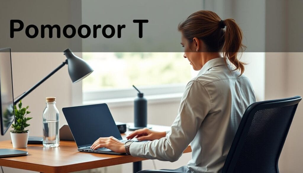 Pessoa praticando a Técnica Pomodoro Adaptada para o Bem-estar com cronômetro, planta e postura ergonômica