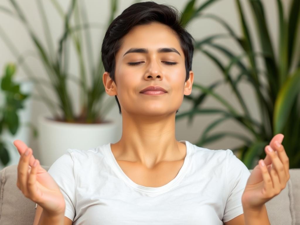 Pessoa praticando respiração consciente durante uma pausa da Técnica Pomodoro Adaptada para o Bem-estar Pessoa praticando respiração consciente durante uma pausa da Técnica Pomodoro Adaptada para o Bem-estar