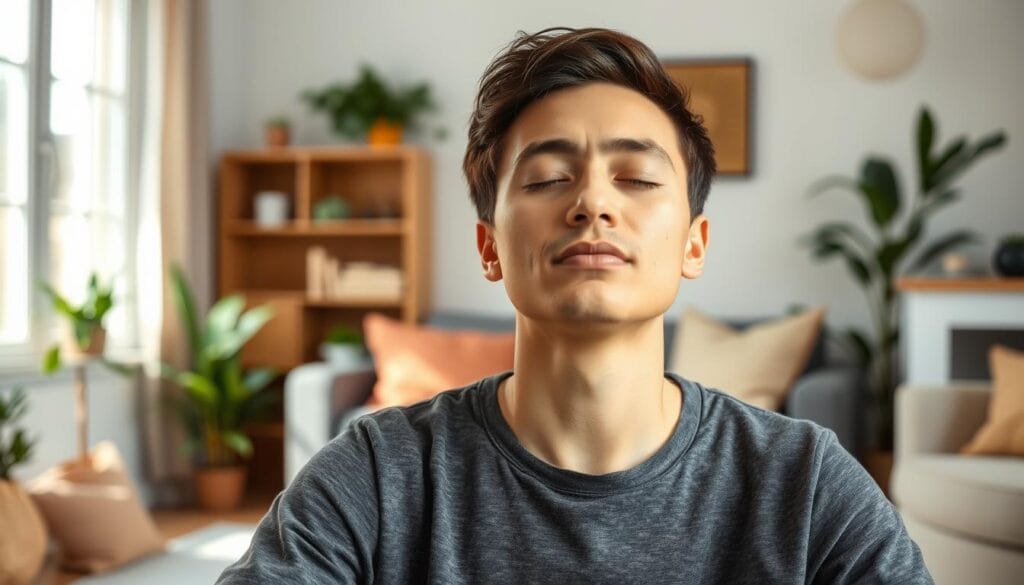 Pessoa praticando técnicas de redução de ansiedade e estresse em ambiente tranquilo