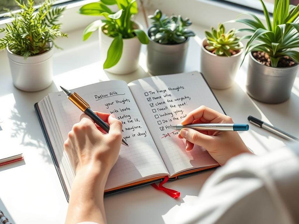 Pessoa praticando técnicas de reframing de pensamentos negativos para combater a Síndrome do Impostor