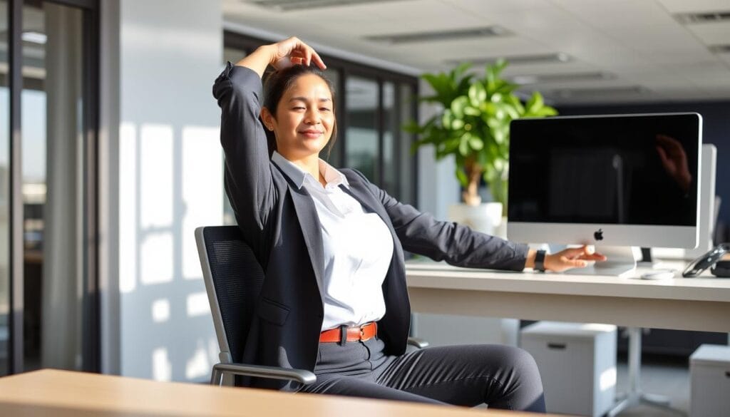 Pessoa praticando yoga em ambiente de escritório
