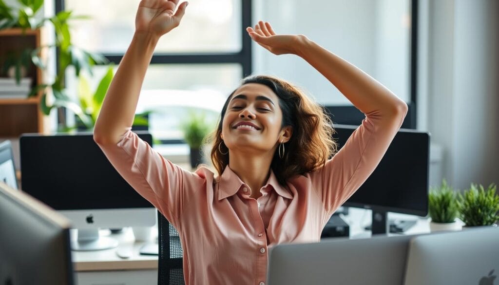 Pessoa praticando yoga no escritório durante uma pausa Pessoa praticando yoga no escritório durante uma pausa