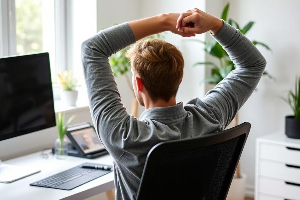 Pessoa realizando alongamentos simples durante uma pausa da Técnica Pomodoro Adaptada para o Bem-estar Pessoa realizando alongamentos simples durante uma pausa da Técnica Pomodoro Adaptada para o Bem-estar