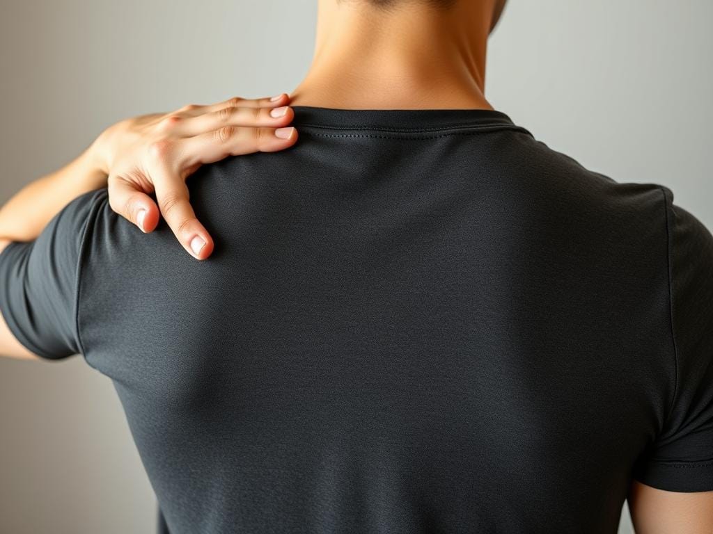 Pessoa realizando automassagem para relaxar os ombros Pessoa realizando automassagem para relaxar os ombros
