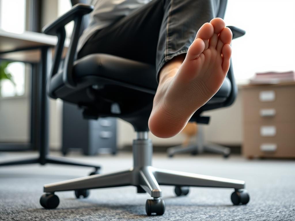 Pessoa realizando exercício de círculos com os tornozelos na cadeira de escritório Pessoa realizando exercício de círculos com os tornozelos na cadeira de escritório