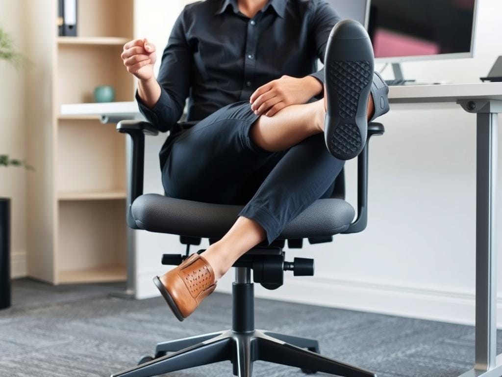 Pessoa realizando exercício de elevação alternada de joelhos na cadeira de escritório Pessoa realizando exercício de elevação alternada de joelhos na cadeira de escritório