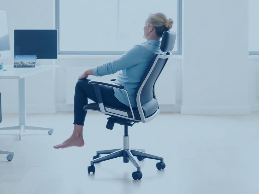 Pessoa realizando exercício de mobilidade da coluna rotacional sentada na cadeira de escritório Pessoa realizando exercício de mobilidade da coluna rotacional sentada na cadeira de escritório