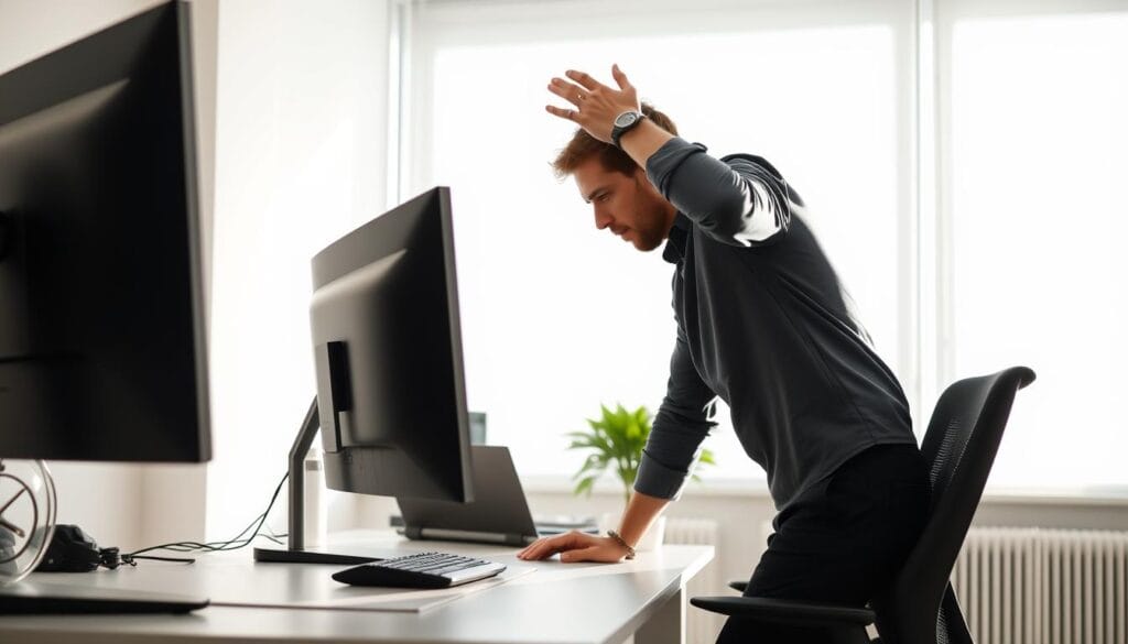 Pessoa realizando pausa ativa durante o trabalho no escritório Pessoa realizando pausa ativa durante o trabalho no escritório