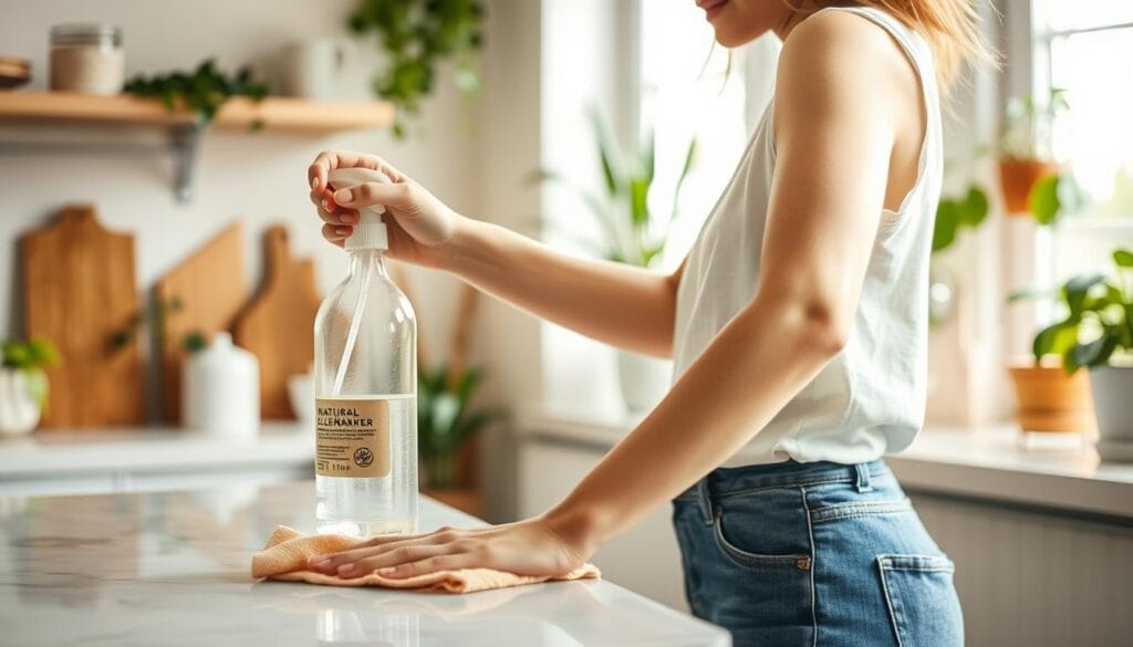 Pessoa realizando tarefas de limpeza sustentável em casa usando produtos naturais como parte de uma rotina de limpeza sustentável Pessoa realizando tarefas de limpeza sustentável em casa usando produtos naturais como parte de uma rotina de limpeza sustentável
